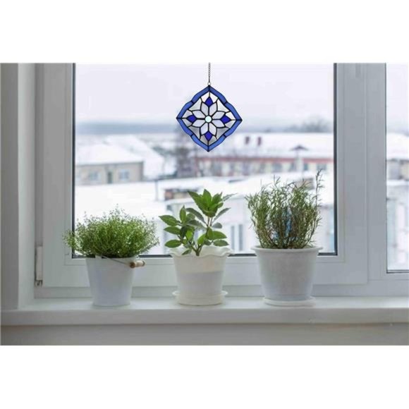 Stained Glass Windows Hanging Suncatchers Flower Blue, 6" x 6" - Picture 6 of 8